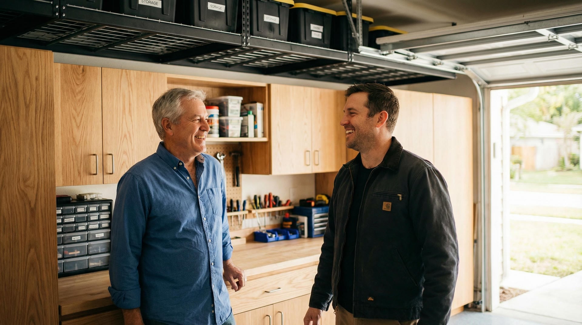 Able Closets owner and installer reviewing garage storage remodel plan in Jensen Beach Florida