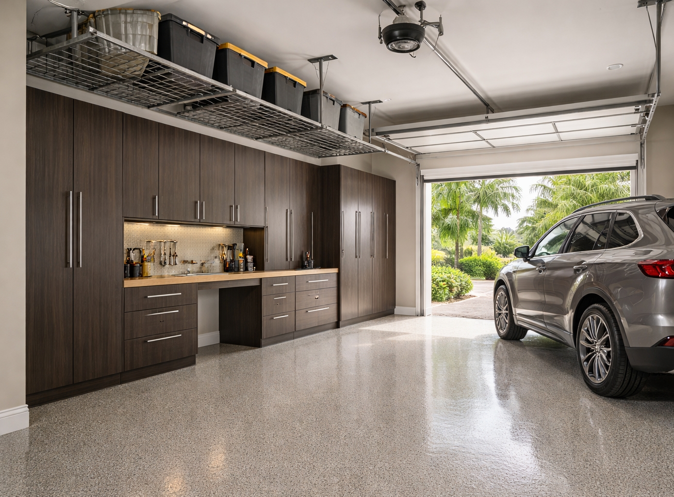 able-closet Modern, organized garage with dark wood cabinets, a countertop workspace, and overhead storage bins. An SUV is parked inside, and the garage door is open, showing green trees and sunlight outside.