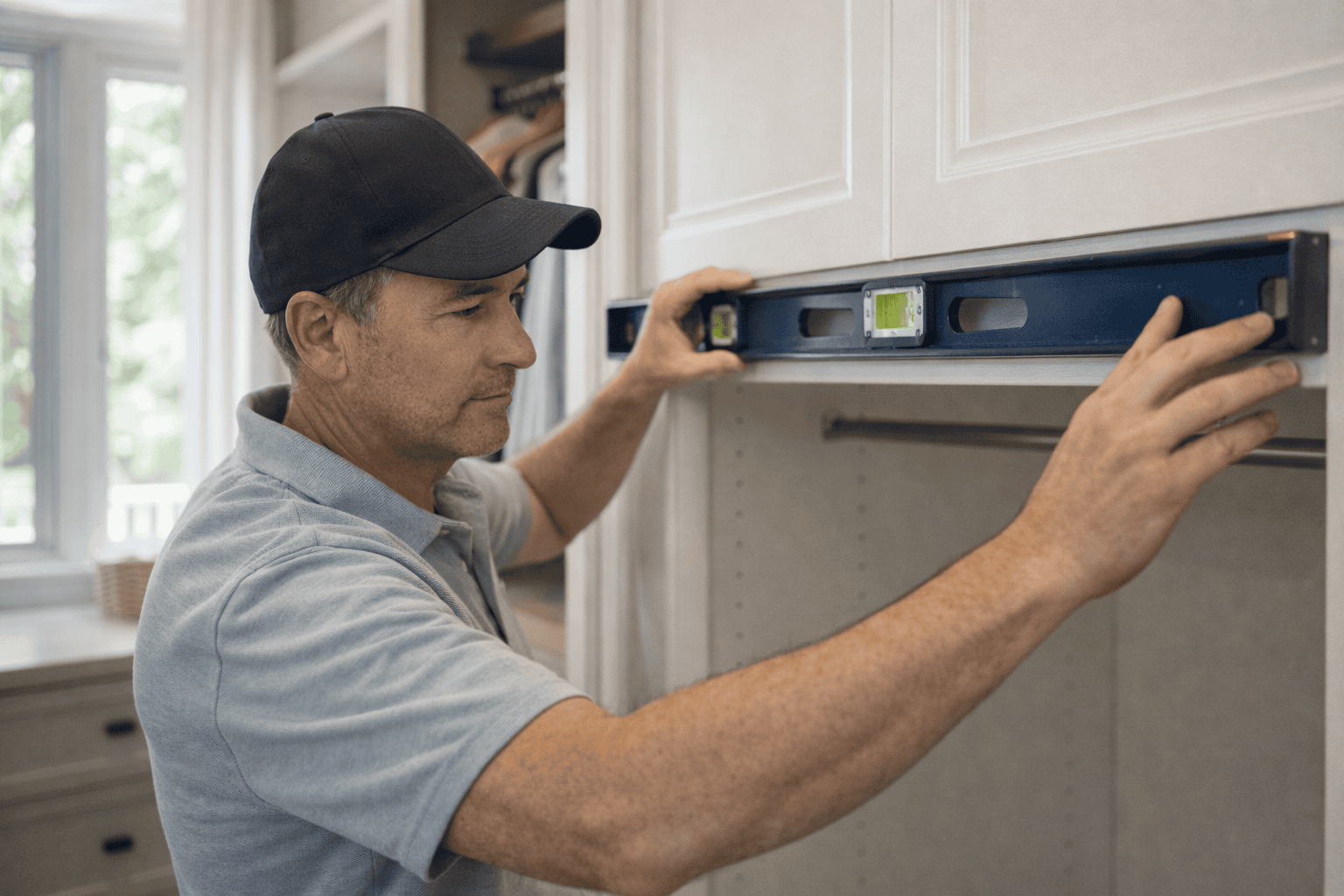able-closet A man wearing a black cap and gray polo shirt uses a spirit level to check the alignment of a built-in cabinet in a well-lit room with large windows.