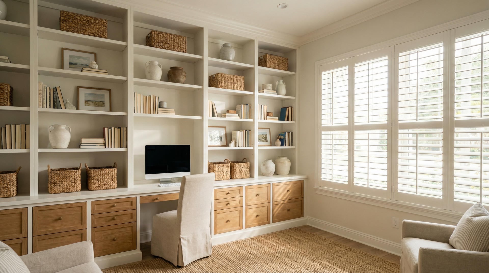 Photorealistic image of a floor-to-ceiling custom white bookcase wall in a home office with integrated desk, adjustable shelves, and crown molding. Florida home aesthetic.