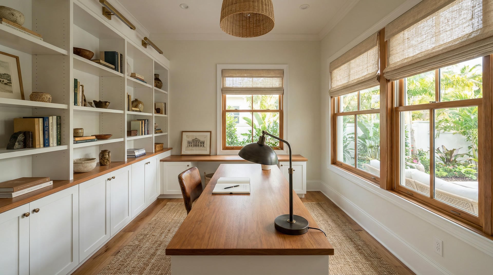Photorealistic image of a custom home office built-in with a wide desk, floor-to-ceiling bookcase, and integrated storage in a Florida coastal home.