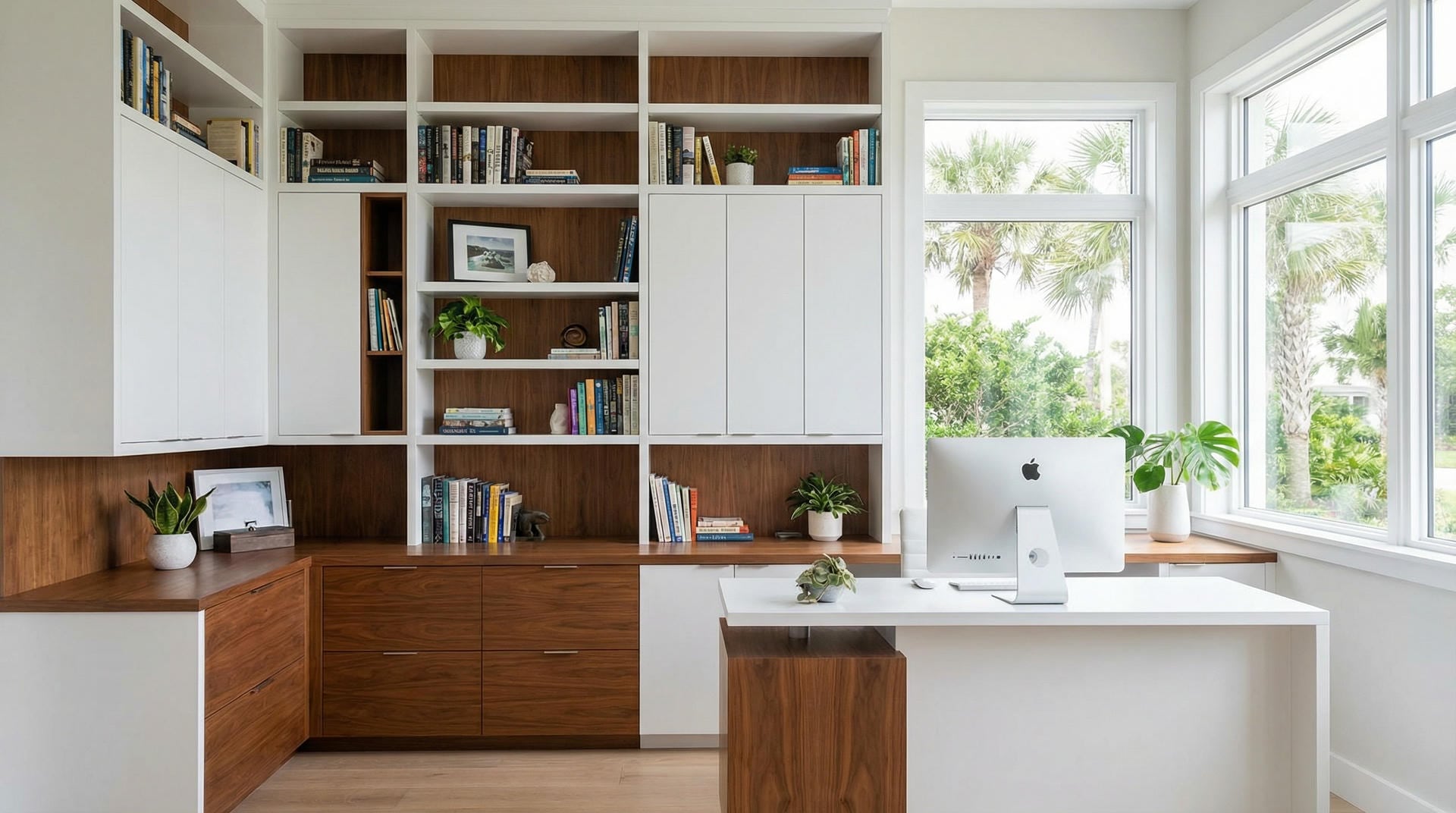 Professional home office built-ins in a Florida coastal home with white and warm wood finishes, large windows, and organized workspace.