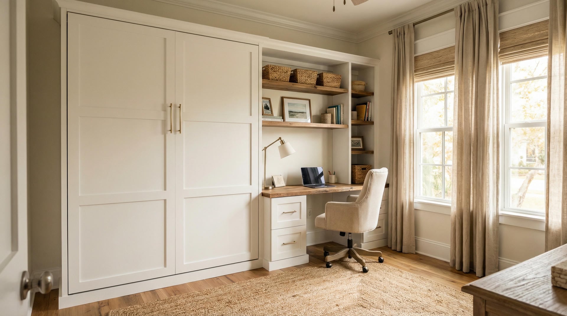 Florida spare bedroom with custom white built-in Murphy bed and home office. Closed Murphy bed, open desk with shelving. Dual-purpose.