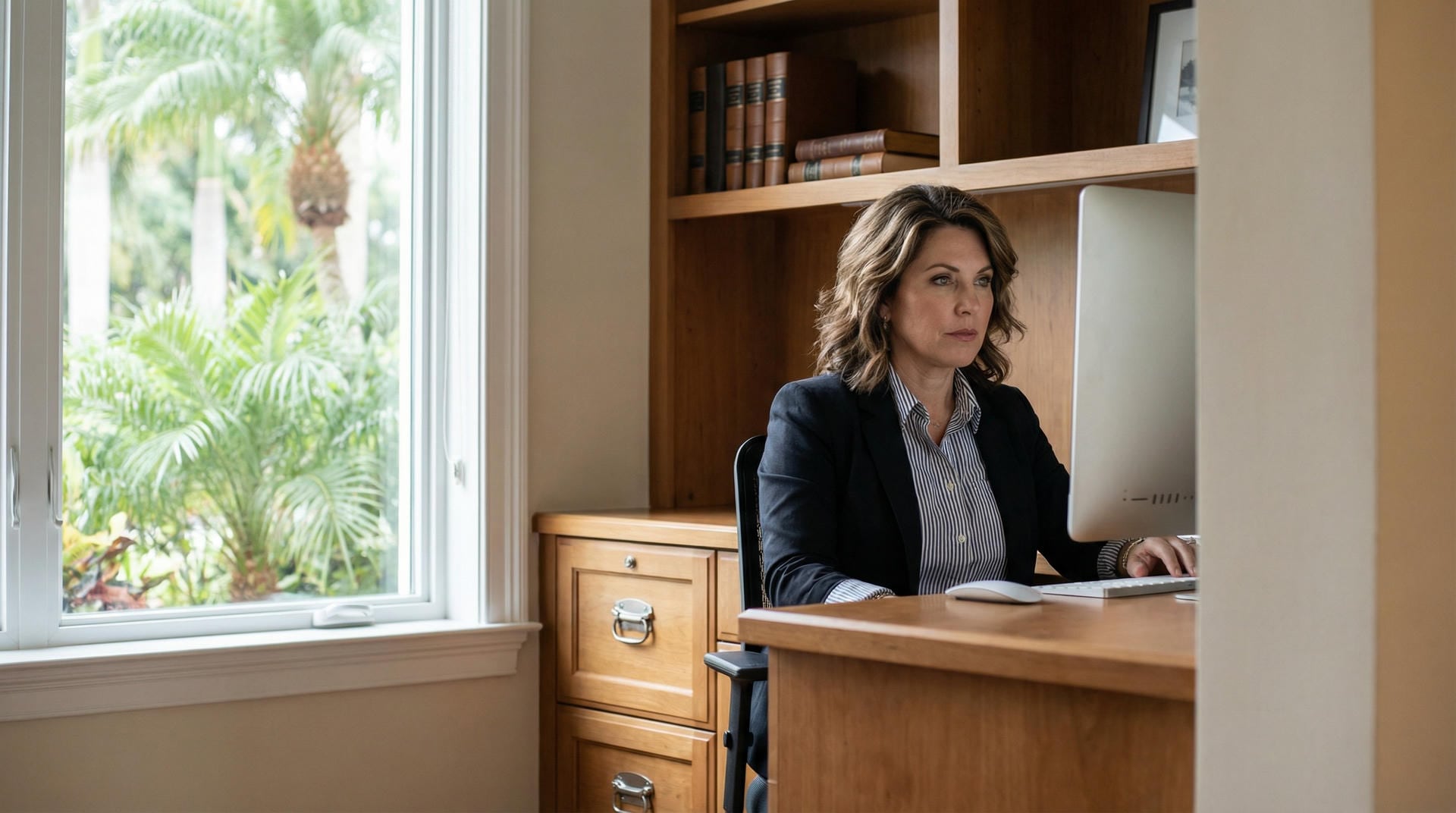 A professional woman working at a custom built-in home office desk, organized with a monitor, books, and filing drawers. Florida greenery visible outside.