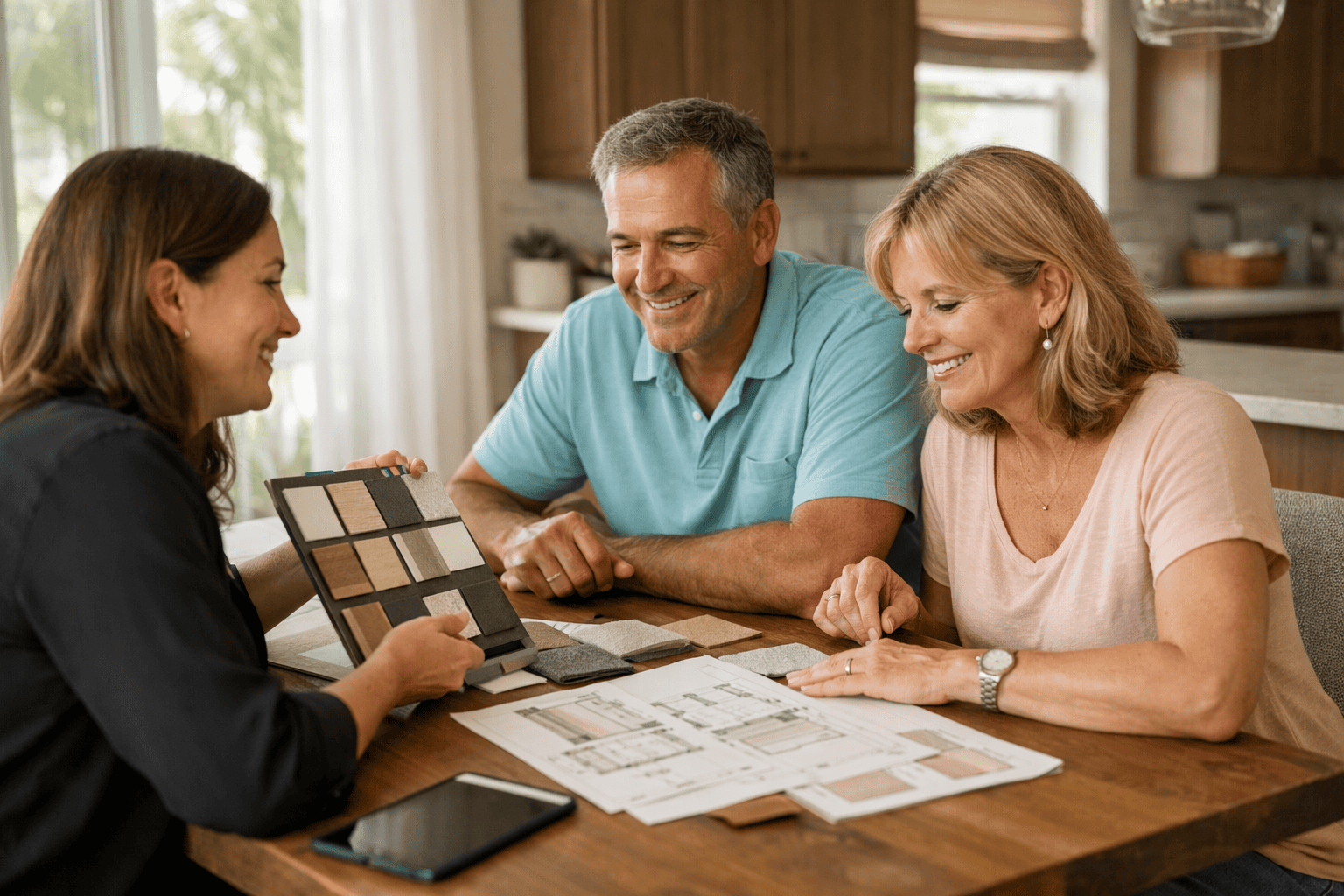able-closet A smiling couple sits at a table with a woman showing them a palette of material samples. House plans and fabric swatches are on the table, suggesting a home renovation or interior design meeting.