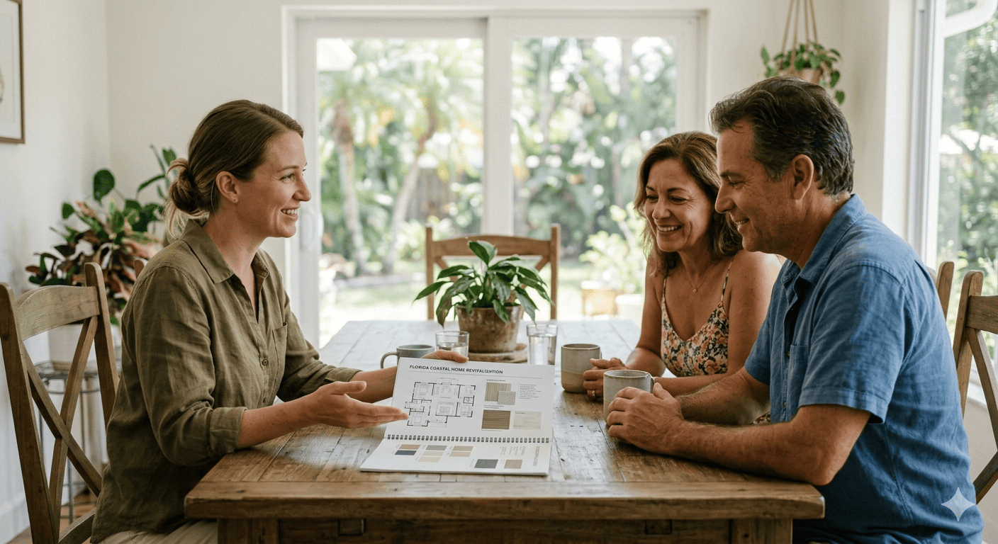 able-closet Three people sit at a wooden table in a bright room, looking at floor plans and smiling. Plants and large windows are in the background, and two people hold mugs while listening to the third person speak.