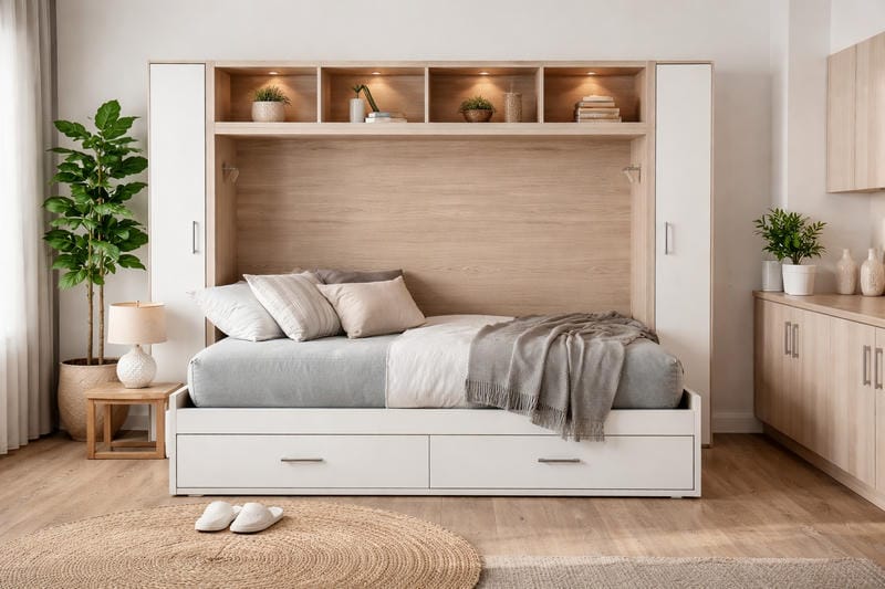 able-closet A modern bedroom featuring a white and wood Murphy bed with open shelves, neutral bedding, potted plants, a circular woven rug, a lamp on a nightstand, and soft natural light from a window.