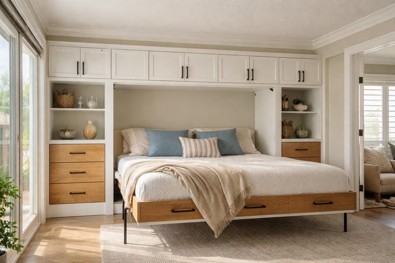 able-closet A cozy bedroom with a large bed, neutral bedding, blue accent pillows, built-in white cabinets and shelves with woven baskets, and wood accents. Sunlight streams in through a large glass door on the left.
