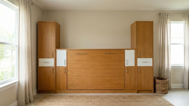 able-closet A modern room features a wooden Murphy bed flanked by matching tall storage cabinets with white drawer fronts, beige walls, large windows with curtains, and a woven basket on the floor.