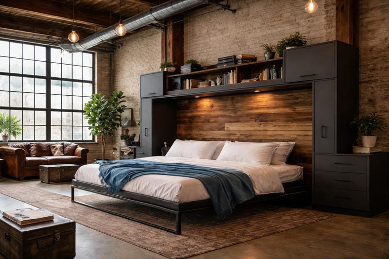able-closet A modern industrial bedroom with a large bed, wooden headboard, built-in dark cabinets, overhead shelves, and soft lighting. There’s a blue throw, exposed brick walls, large windows, plants, and a leather sofa.