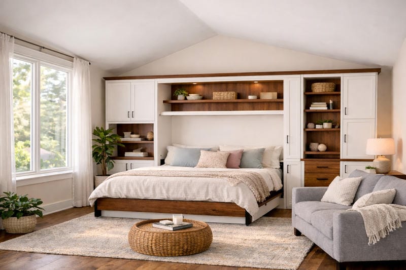 able-closet A cozy bedroom with a large bed, neutral bedding, built-in shelves and cabinets, a gray armchair, a round woven coffee table, potted plants, and a large window letting in natural light.