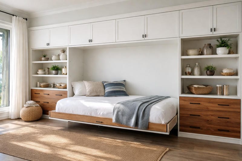 able-closet A modern bedroom with a built-in bed framed by white cabinets and shelves. Shelves hold plants, baskets, and decor. The bed has neutral bedding with blue and beige pillows and a gray throw, and a large window lets in natural light.