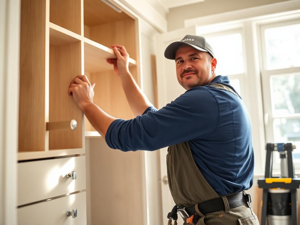 able-closet A man in work overalls and a cap is installing or adjusting wooden shelving in a brightly lit room, looking toward the camera and smiling. Tools are visible in the background.
