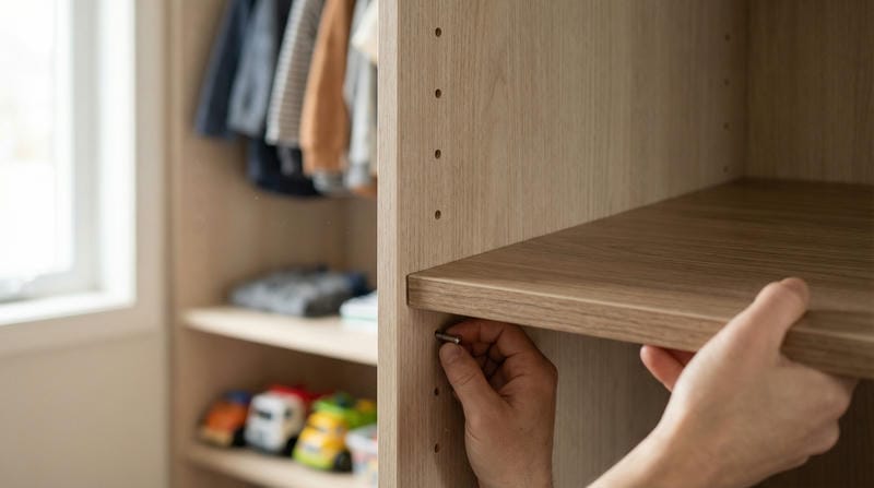 Close-up of adjustable shelving mechanism in custom kids closet — grows with your child