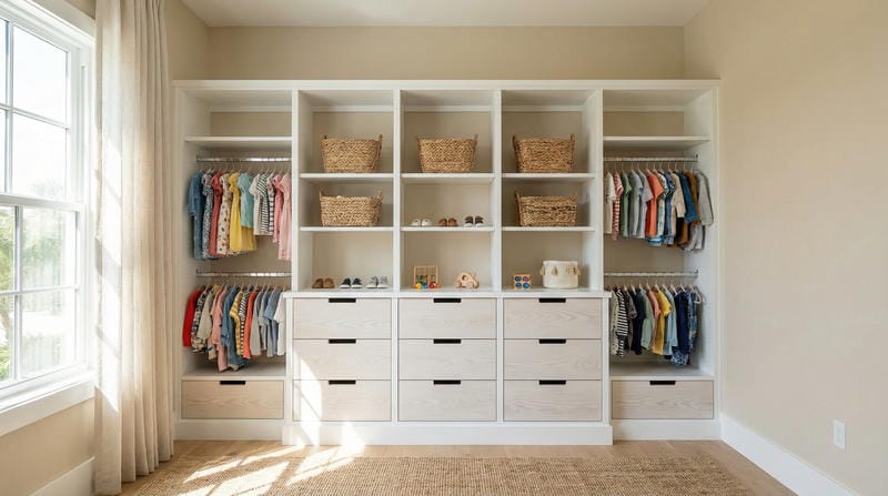 able-closet A neatly organized closet with hanging clothes sorted by color, six woven baskets on shelves, drawers in the center, and small shoes and items displayed on open shelves, with natural light from a nearby window.