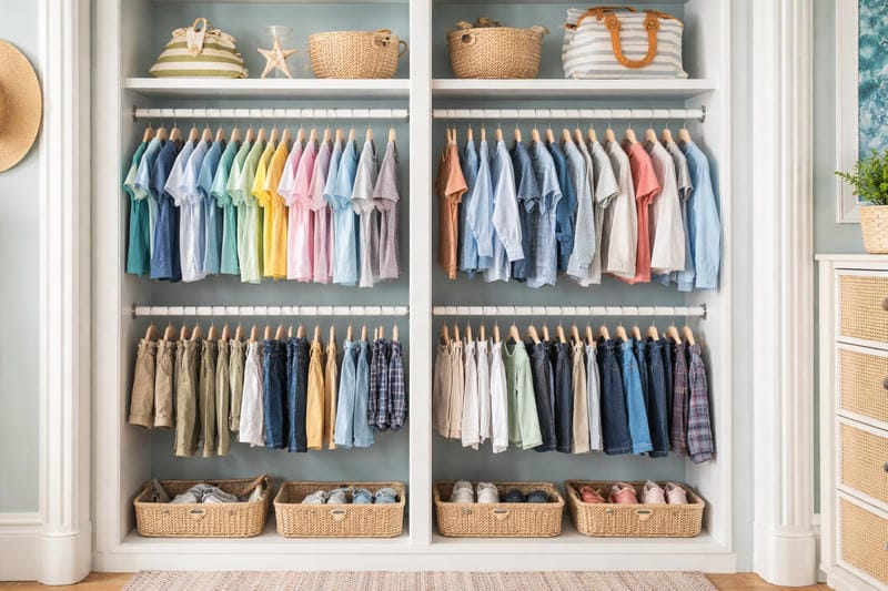able-closet A neatly organized closet with pastel and neutral shirts and pants hanging on wooden rods, woven baskets on shelves above and below, and bags and decorative items displayed on the top shelf.