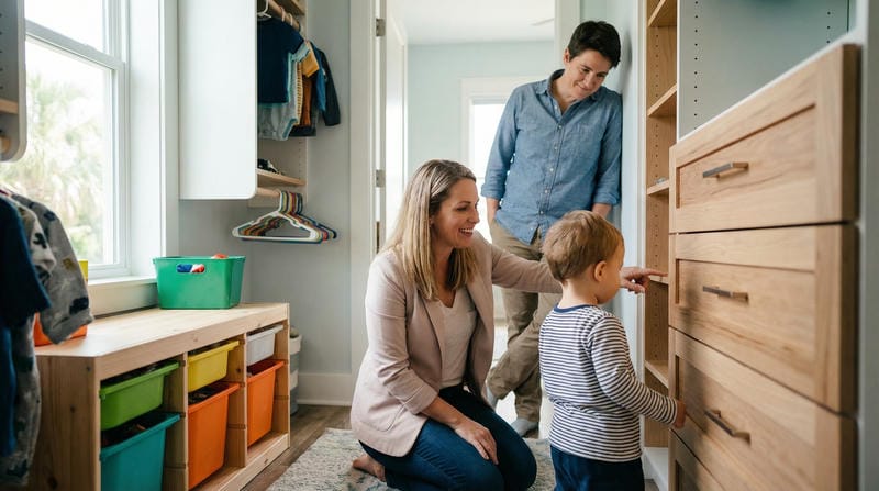 Able Closets designer consulting with family on custom kids closet system design in Florida home