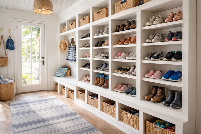 able-closet A bright, organized mudroom with white shelves filled with neatly arranged shoes, baskets below, a striped rug on the floor, hooks on the wall holding bags and hats, and a door letting in natural light.
