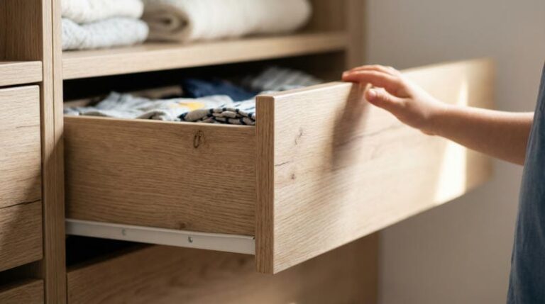 able-closet A person’s hand opens a wooden drawer filled with neatly folded clothes. Shelves above the drawer also hold stacks of folded clothing. The setting appears tidy and organized.
