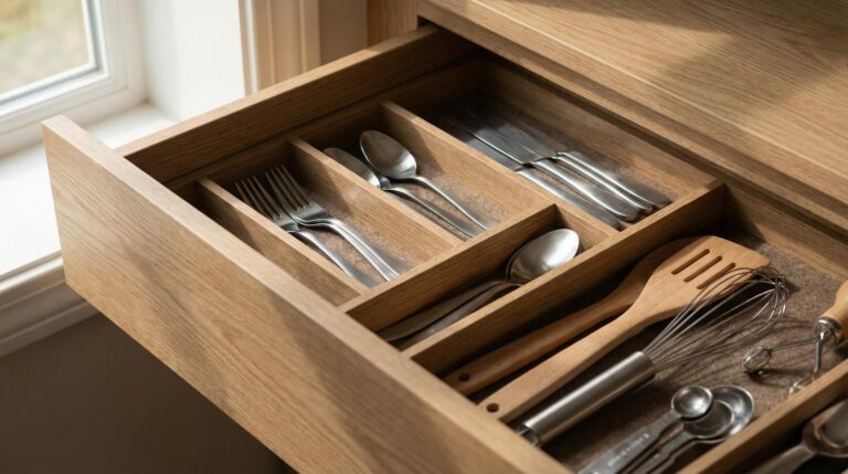 able-closet An open wooden kitchen drawer neatly organized with metal forks, spoons, knives, and wooden utensils in divided compartments, next to a window letting in natural light.