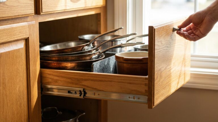 Close-up of custom kitchen cabinet pull-out shelf with organized pots and pans