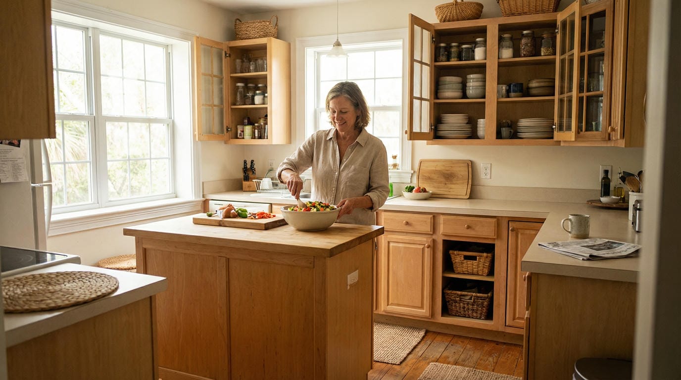 Woman cooking in organized Jensen Beach Florida kitchen with glass-front cabinets, open shelving, and natural light showing daily life with custom storage.
