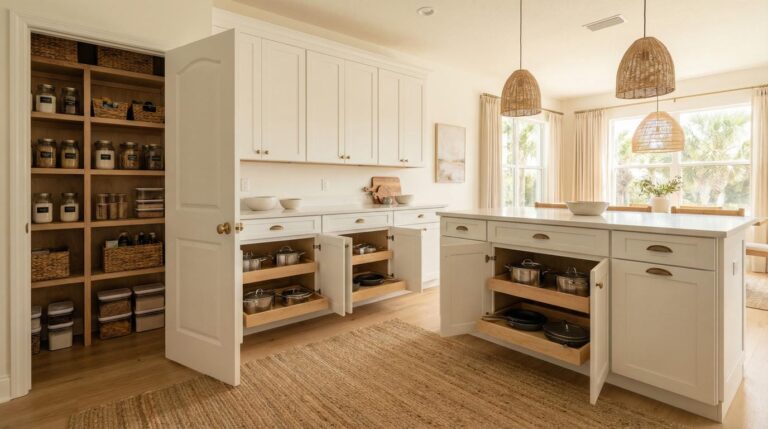Complete custom kitchen storage system with organized pantry, pull-out shelves, and island storage in Treasure Coast Florida home with palm trees visible.