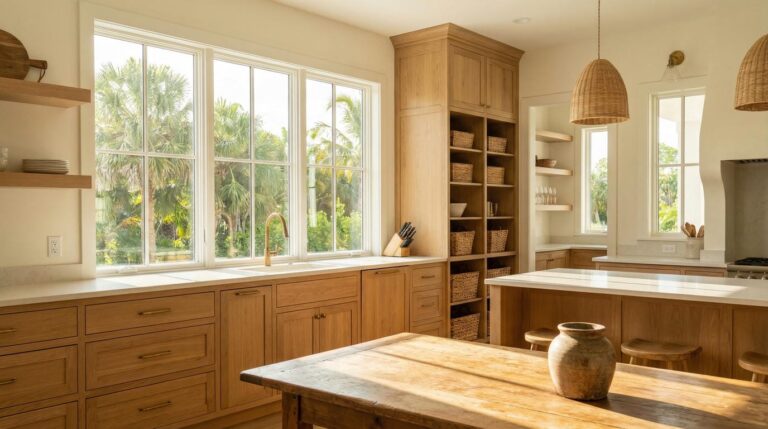 Custom kitchen storage with natural wood cabinetry, built-in storage tower, and palm trees visible through windows in Jensen Beach Florida home.