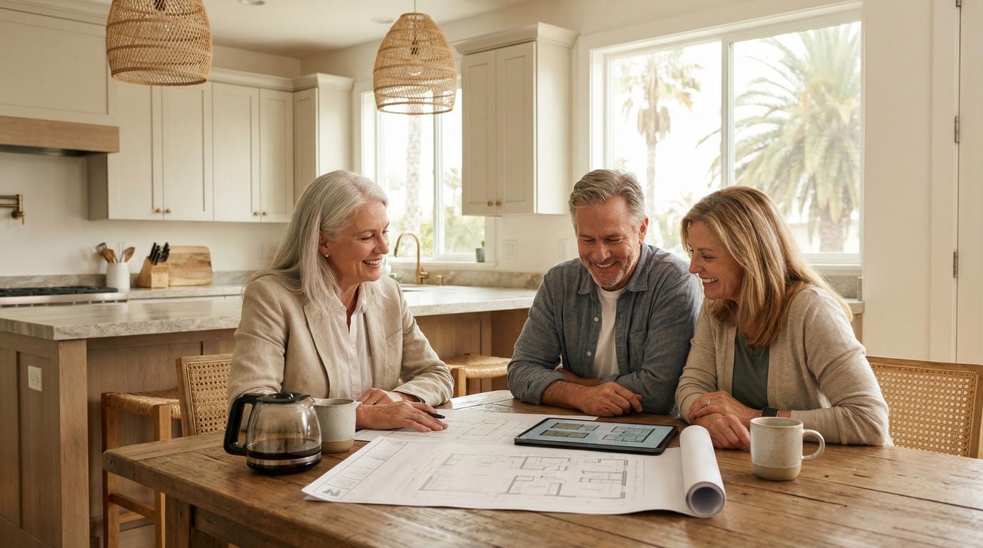 Able Closets owner and design consultant reviewing kitchen storage plans with couple at kitchen table in Jensen Beach Florida home with palm trees visible.