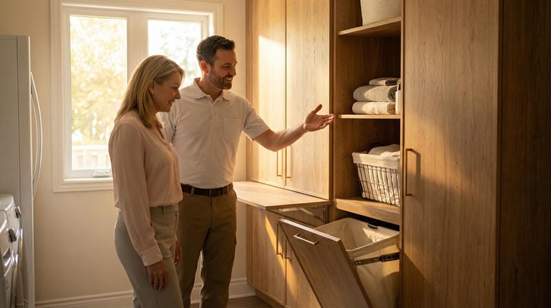 Able Closets installer and homeowner reviewing custom laundry room remodel design in Florida home