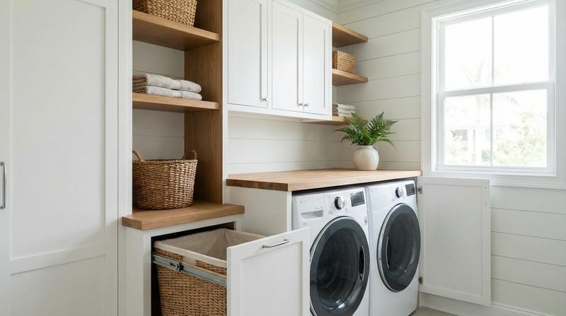 Finished custom laundry room remodel with floor-to-ceiling cabinets and organized storage in Florida