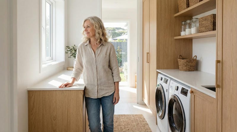 able-closet A woman with gray hair and a beige shirt stands in a bright, modern laundry room with wooden cabinets, a washer, dryer, and natural light streaming through a window.