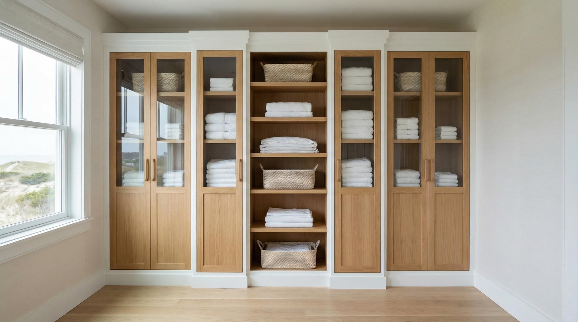 Wide view of complete custom linen closet cabinet system with organized linens and towels