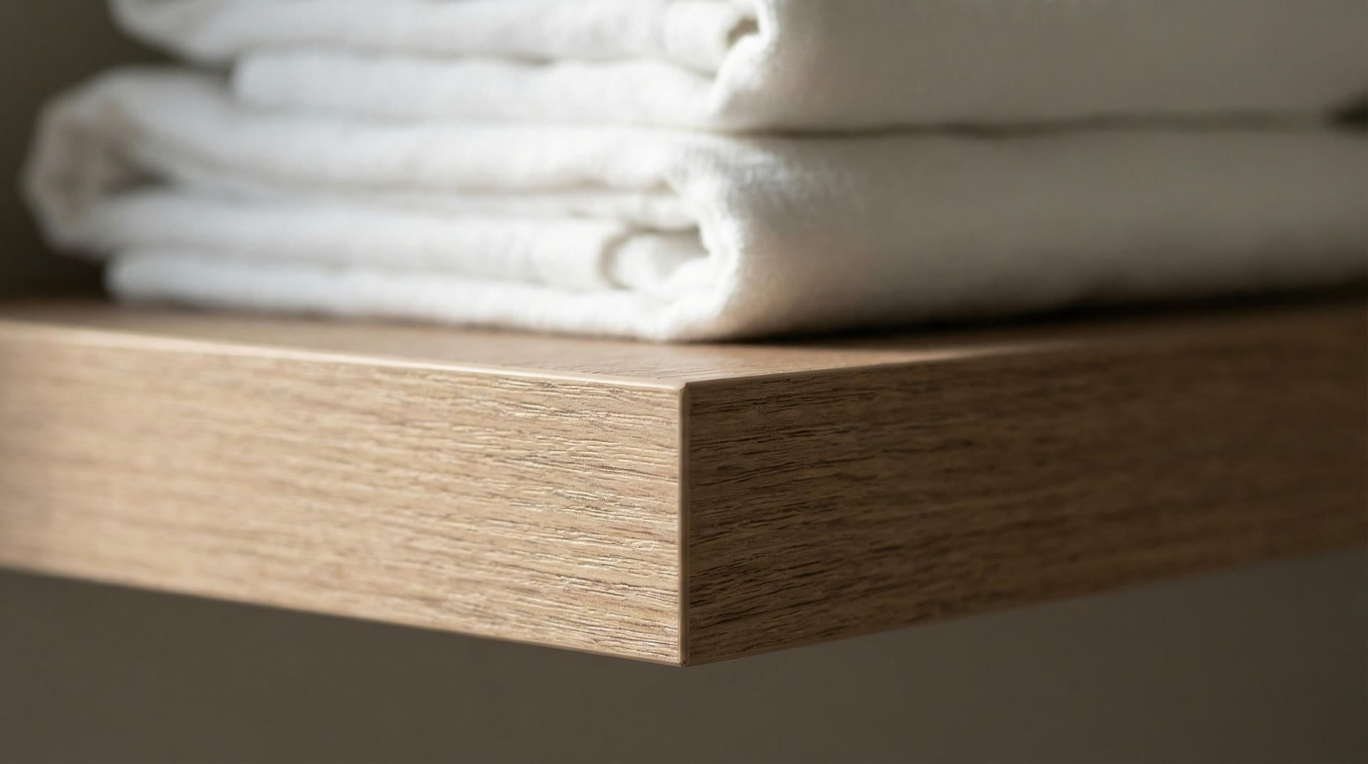 Close-up of custom linen closet shelf with real wood grain laminate and 2mm edge banding
