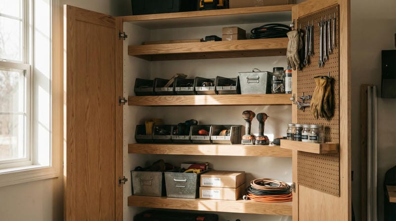 Custom lockable garage cabinet interior with organized tool storage Jensen Beach Florida