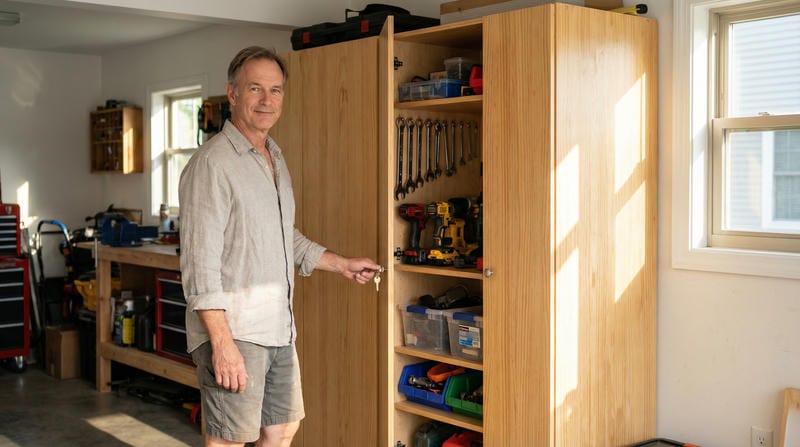 Florida homeowner unlocking custom garage tool cabinet with key
