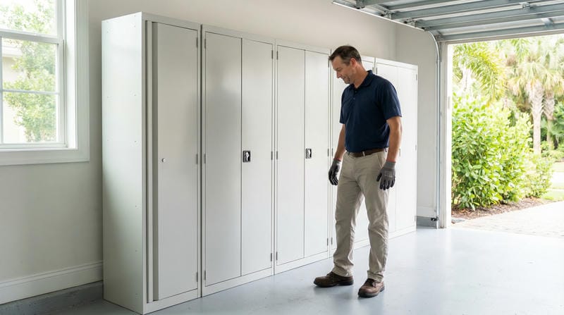 Able Closets installer checking lockable garage cabinet system Treasure Coast Florida