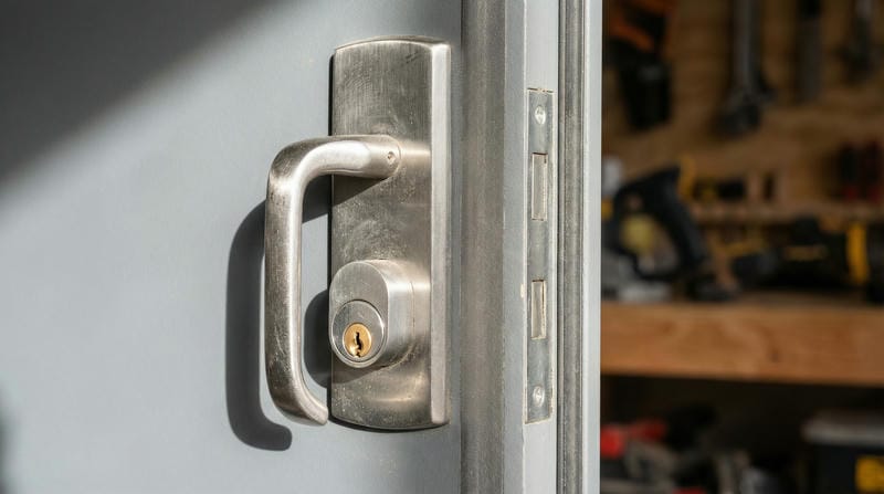 Commercial-grade keyed lock cylinder on custom garage cabinet Able Closets Florida