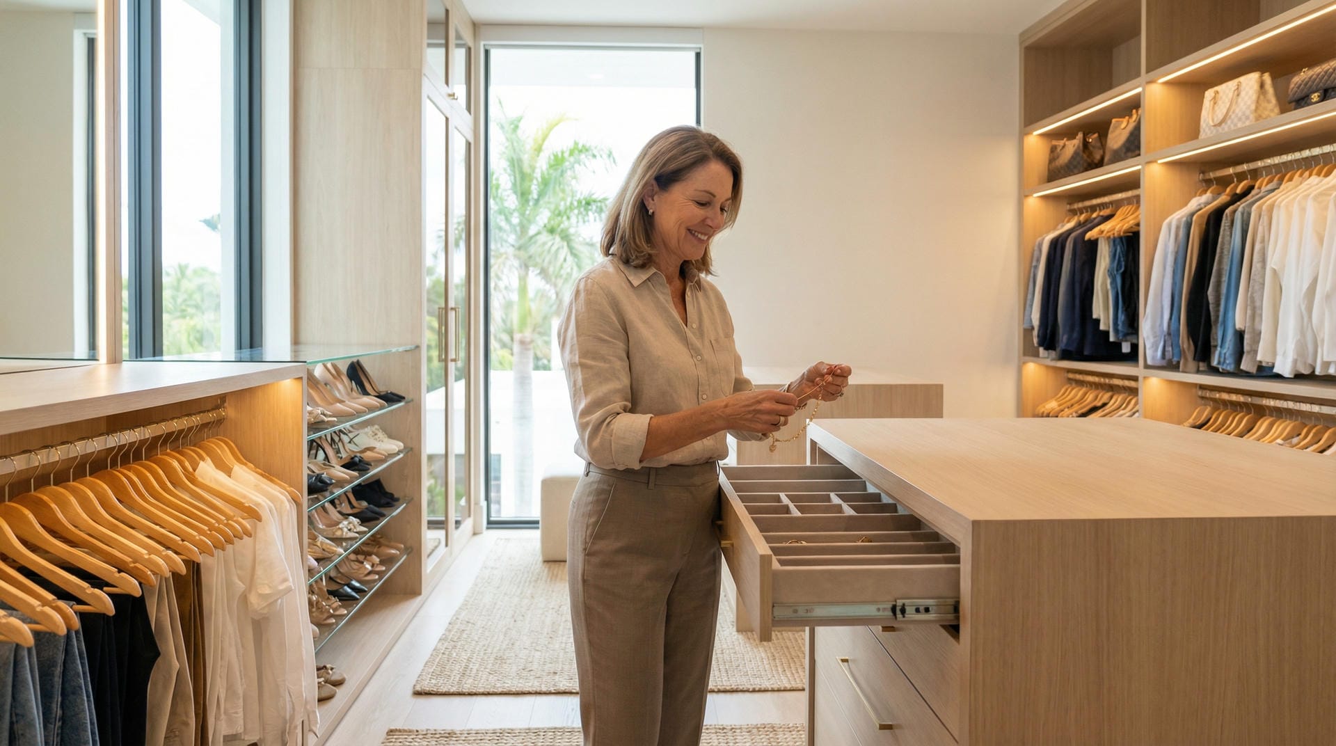 Luxury walk-in closet with custom white display shelving, LED