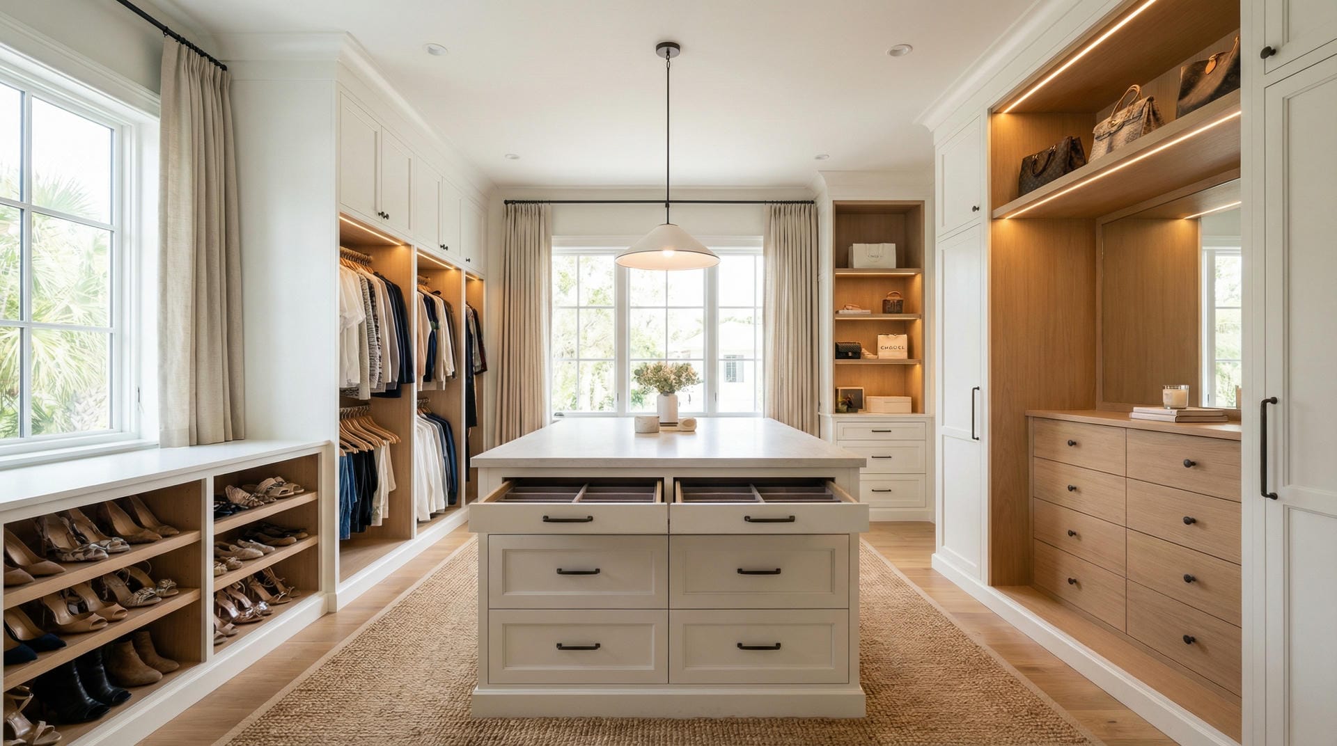 A stunning luxury walk-in closet in a Florida home, featuring floor-to-ceiling storage, a central island, and integrated LED lighting.