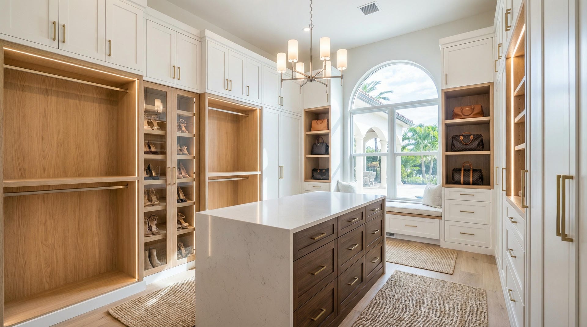 Photorealistic image of a luxury walk-in closet with island, floor-to-ceiling storage, shoe and bag displays, and LED lighting.