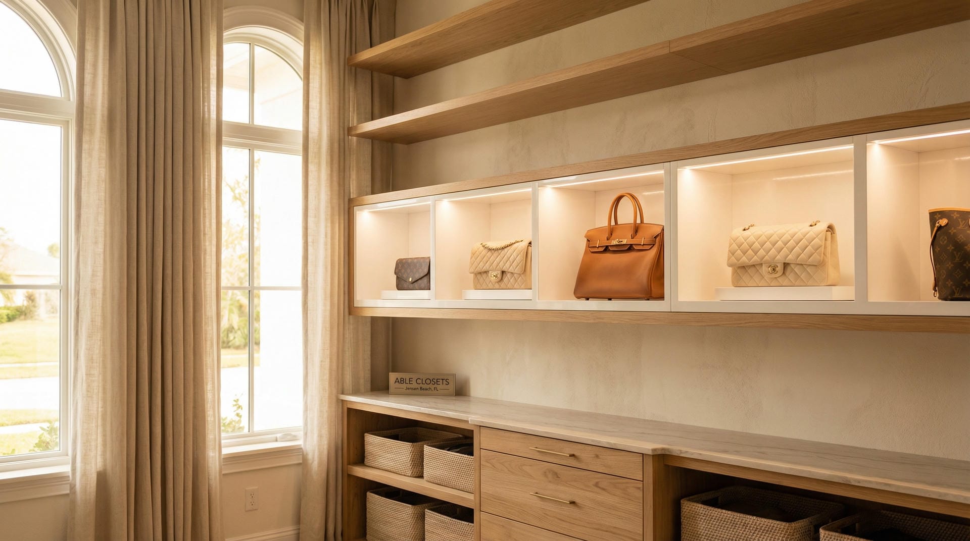 Elegant woman in luxury walk-in closet selecting jewelry, reflecting quiet pleasure and pride. Florida home aesthetic.