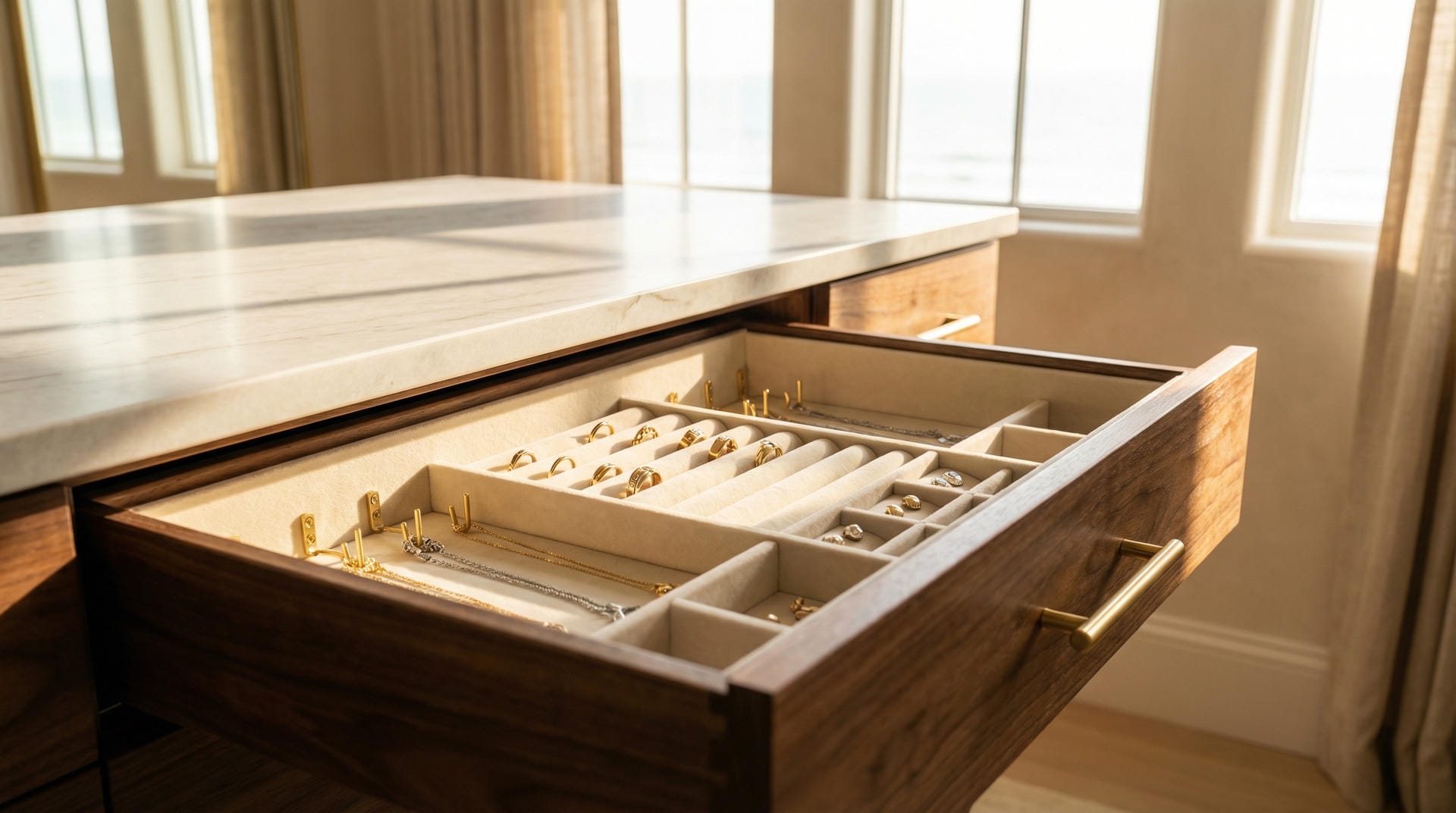 Close-up of a luxury closet island cabinet with an open drawer revealing velvet-lined interior and organized jewelry.