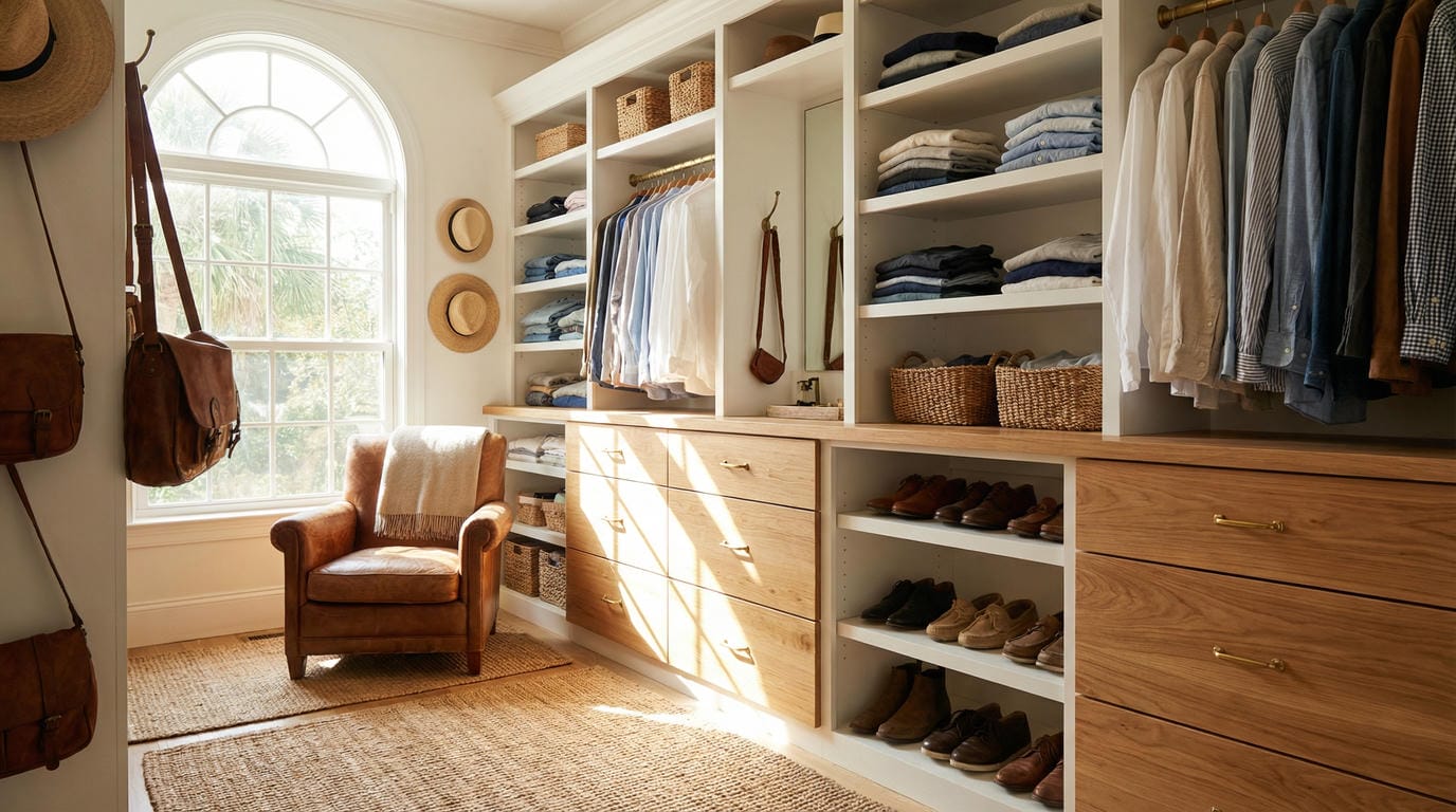 Custom walk-in closet in Jensen Beach Florida with real wood drawer boxes and premium closet components in warm natural light.