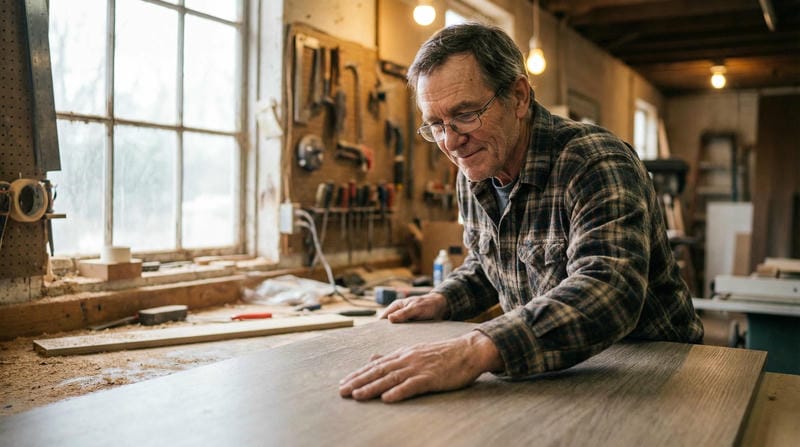 Homeowner touching the smooth surface of their custom closet — quality materials make the difference
