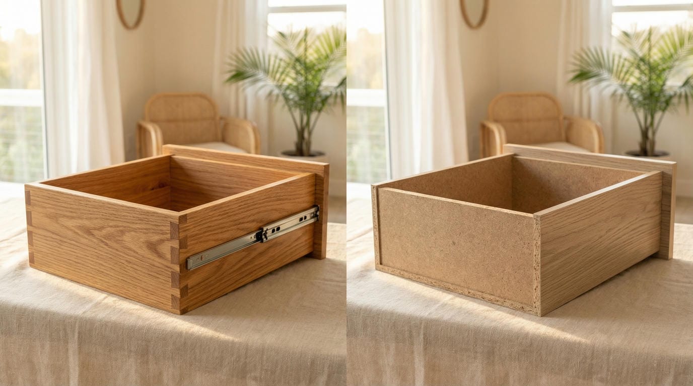 Side-by-side comparison of real wood drawer box with ball-bearing slides versus particle board drawer box showing material quality difference at Able Closets Jensen Beach.