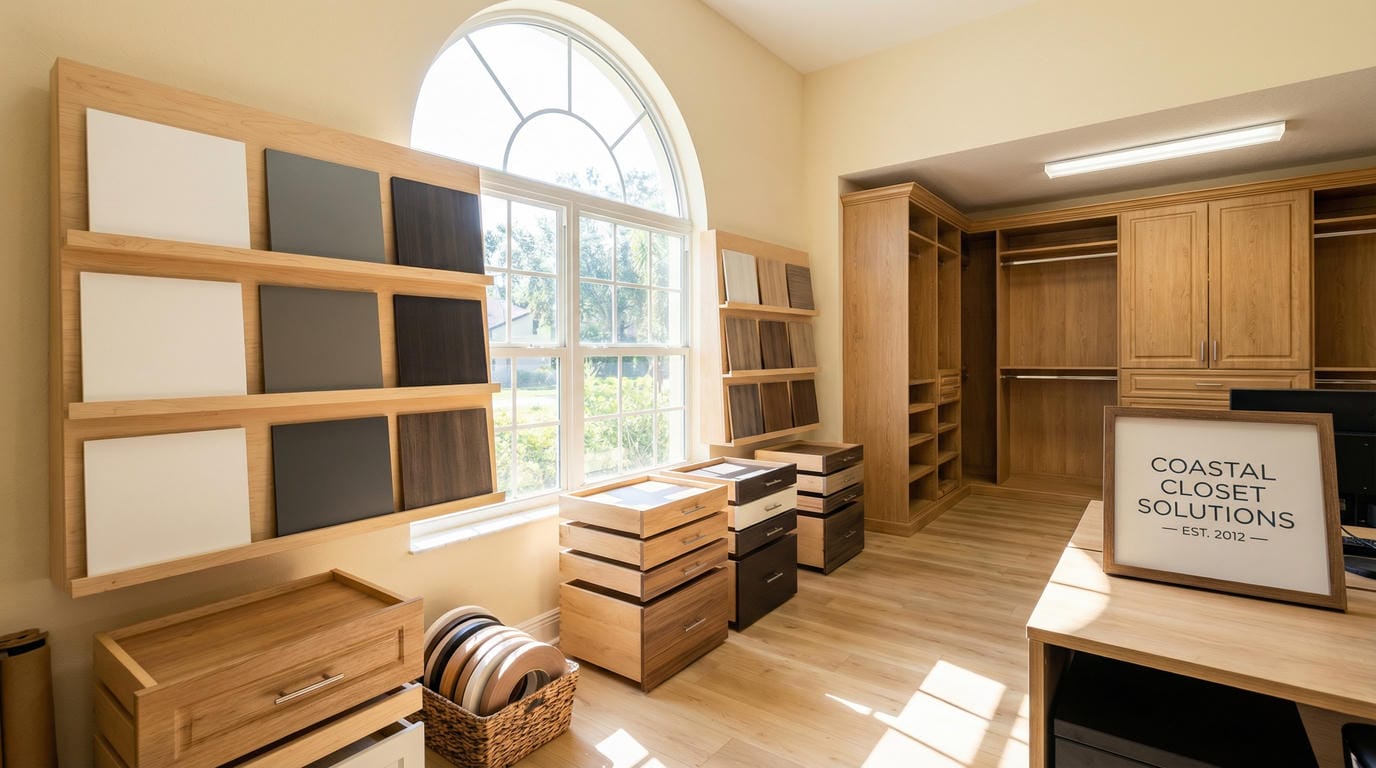 Able Closets Jensen Beach showroom displaying thermally fused laminate panel finish samples, drawer boxes, and closet system configurations.