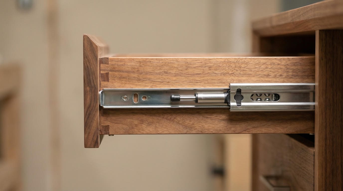 Dovetail real wood drawer with ball-bearing soft-close slides showing premium hardware quality standard on all Able Closets projects.