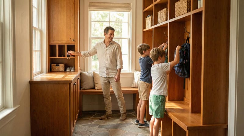 able-closet A man and two young boys stand in a mudroom with wooden cubbies and shelves. The boys hang up backpacks while the man smiles and gestures toward the shelves. Sunlight streams in through the windows.