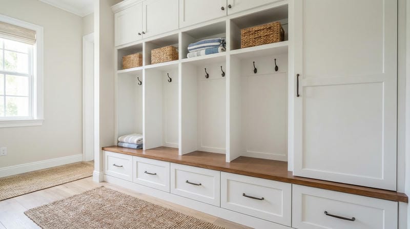 able-closet White built-in mudroom lockers with wooden bench, hooks, cubbies containing baskets and folded towels, and drawers below. Natural light shines in from a nearby window onto the clean, organized space.